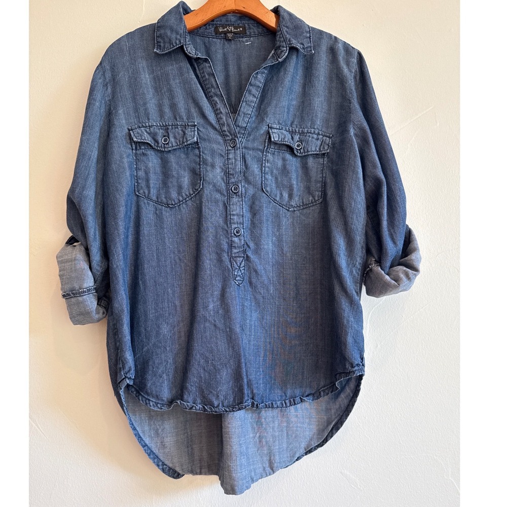 Velvet Heart Blue Chambray Tunic Top Large Roll Tab Sleeve High Low Hem Denim